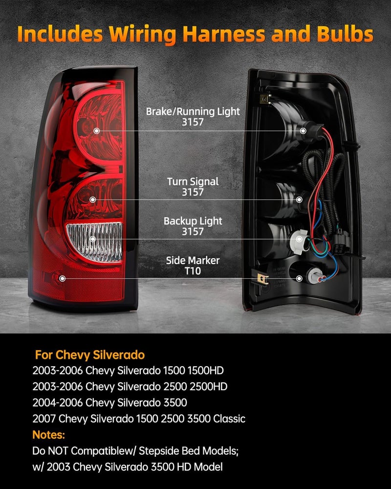 OKLPF Rear Brake Tail Light Compatible With 2003 2004 2005 2006 Chevy Silverado 1500 1500HD 2500 2500HD 3500,Replace Red Taillight Assembly,Included Bulbs and Harness,Driver and Passenger Side - Image 2